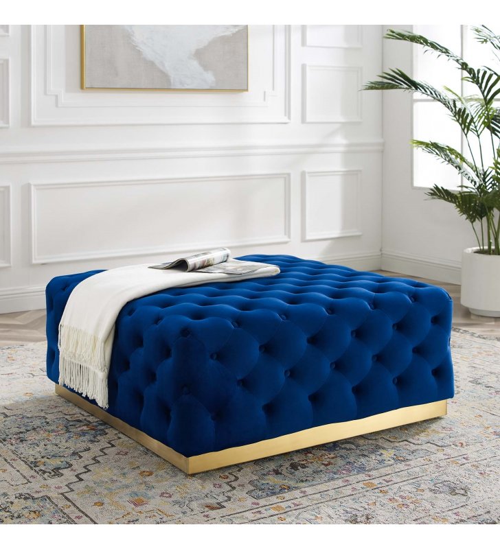 Ensconce Tufted Performance Velvet Square Ottoman in Navy - Lexmod