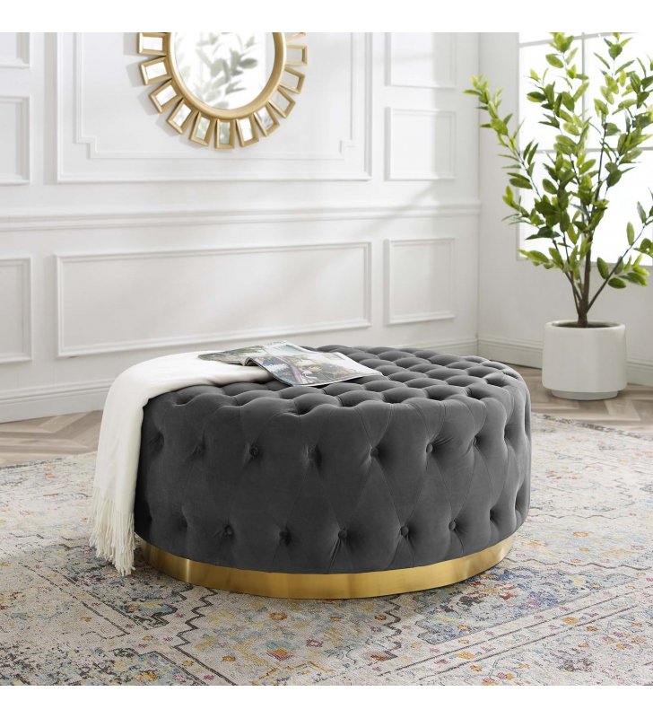 Ensconce Tufted Performance Velvet Round Ottoman in Gray - Lexmod