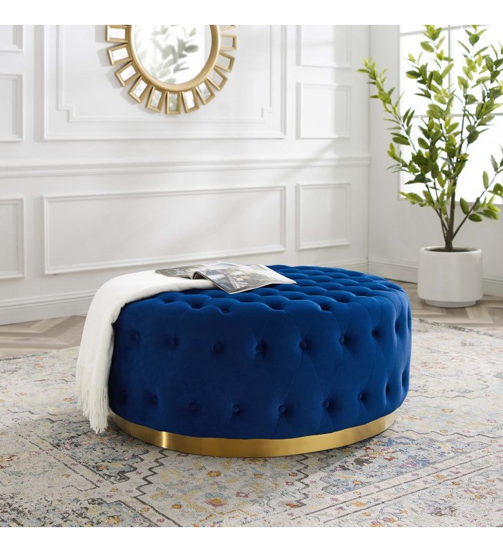 Ensconce Tufted Performance Velvet Round Ottoman in Navy - Lexmod