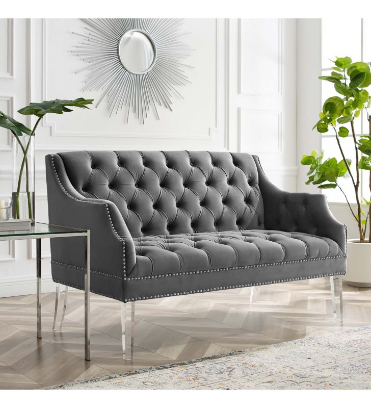 Proverbial Tufted Performance Velvet Loveseat in Gray - Lexmod