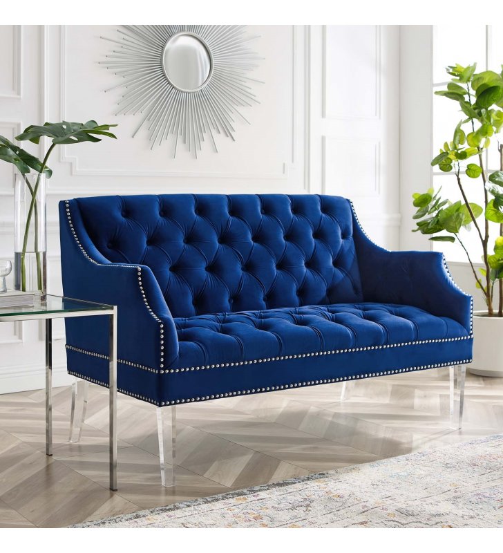 Proverbial Tufted Performance Velvet Loveseat in Navy - Lexmod