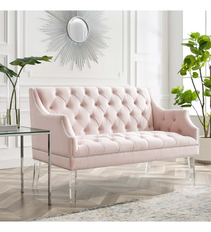 Proverbial Tufted Performance Velvet Loveseat in Pink - Lexmod