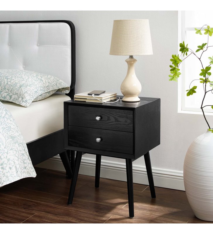 Ember Wood Nightstand With USB Ports in Black Black - Lexmod