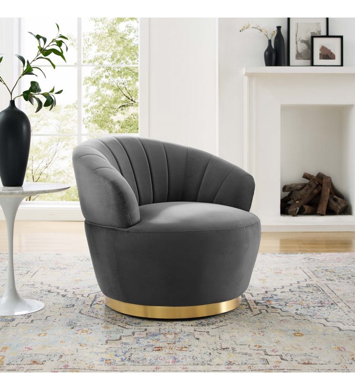 Billow Tufted Performance Velvet Swivel Chair in Gray - Lexmod