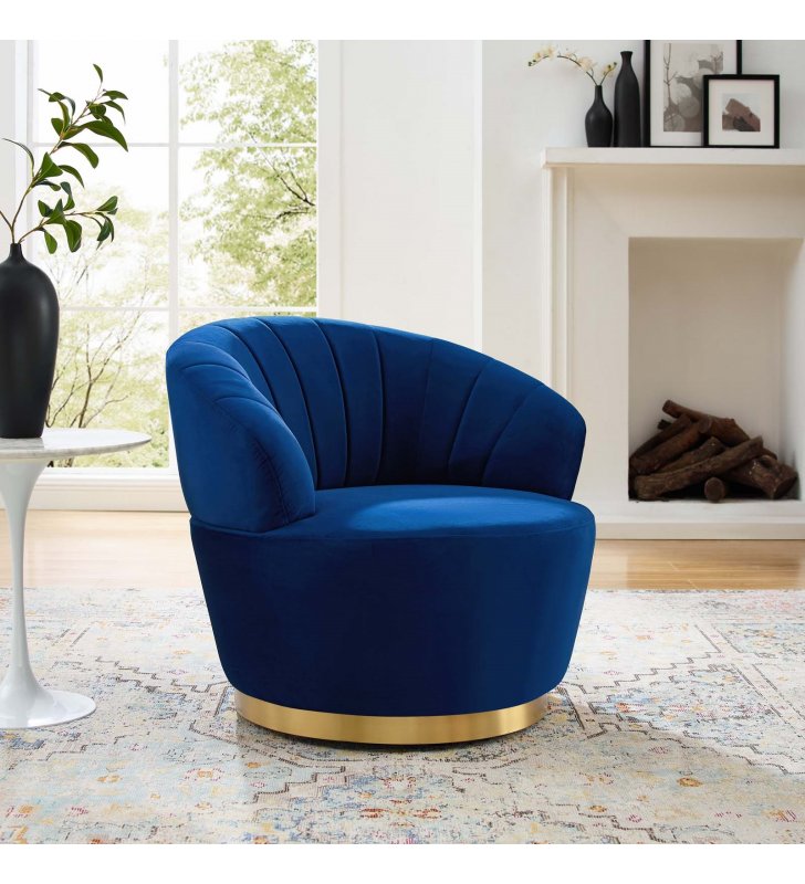 Billow Tufted Performance Velvet Swivel Chair in Navy - Lexmod