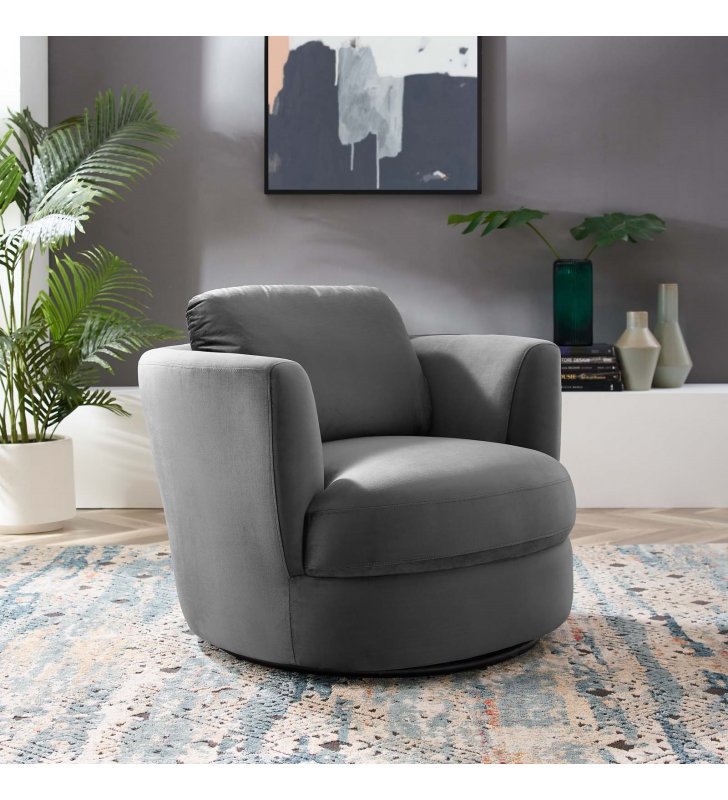 Pirouette Performance Velvet Swivel Armchair in Gray - Lexmod