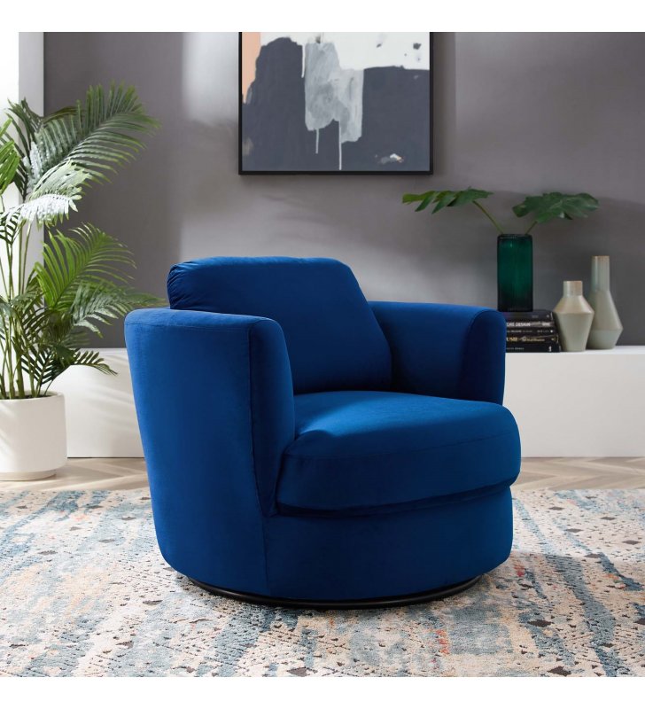 Pirouette Performance Velvet Swivel Armchair in Navy - Lexmod