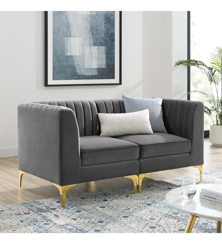 Triumph Channel Tufted Performance Velvet Loveseat in Gray - Lexmod