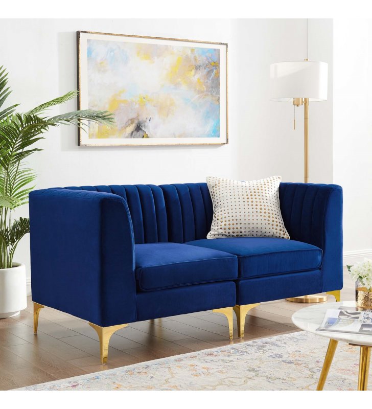 Triumph Channel Tufted Performance Velvet Loveseat in Navy - Lexmod