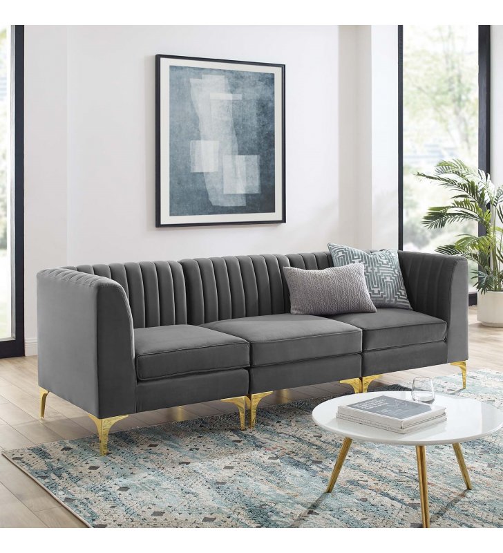 Triumph Channel Tufted Performance Velvet 	3-Seater Sofa in Gray - Lexmod