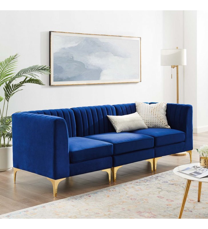 Triumph Channel Tufted Performance Velvet 	3-Seater Sofa in Navy - Lexmod