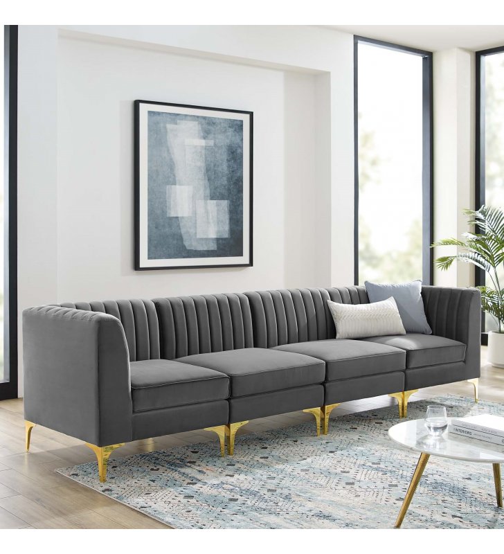 Triumph Channel Tufted Performance Velvet 4-Seater Sofa in Gray - Lexmod