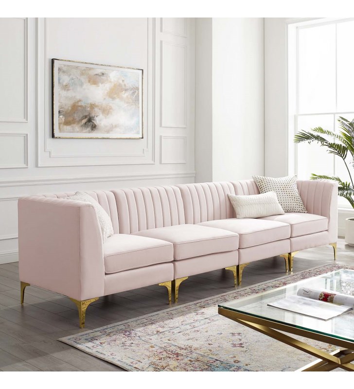 Triumph Channel Tufted Performance Velvet 4-Seater Sofa in Pink - Lexmod