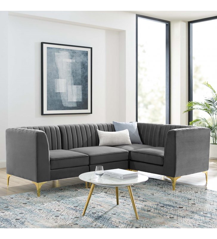 Triumph Channel Tufted Performance Velvet 4-Piece Sectional Sofa in Gray - Lexmod