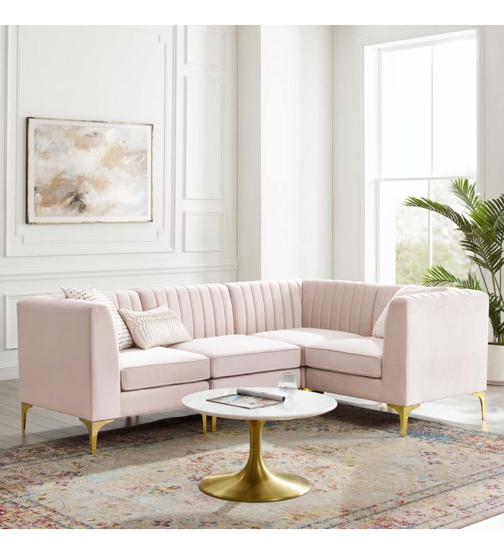 Triumph Channel Tufted Performance Velvet 4-Piece Sectional Sofa in Pink - Lexmod
