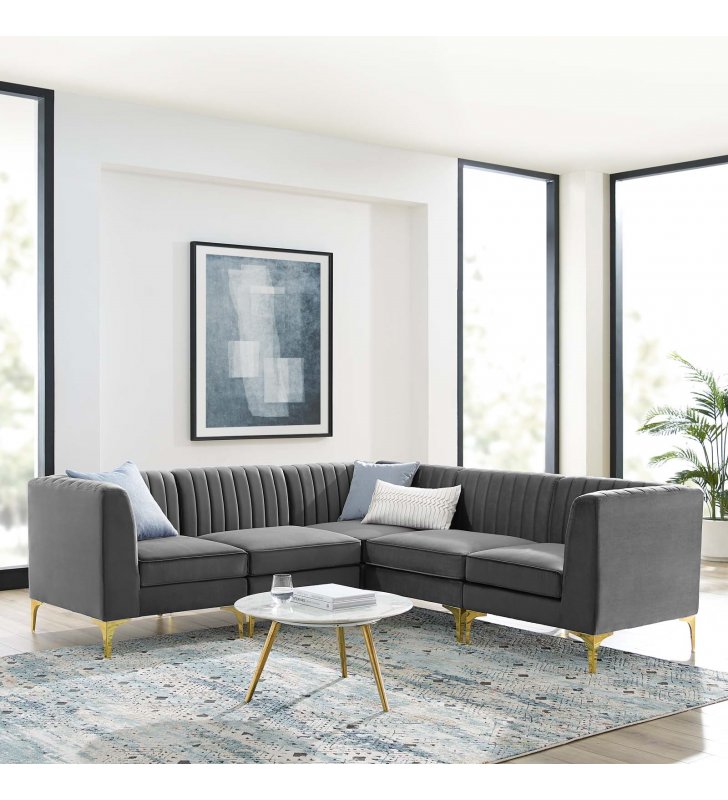 Triumph Channel Tufted Performance Velvet 5-Piece Sectional Sofa in Gray - Lexmod