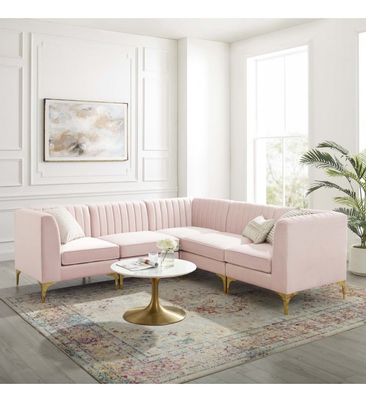 Triumph Channel Tufted Performance Velvet 5-Piece Sectional Sofa in Pink - Lexmod