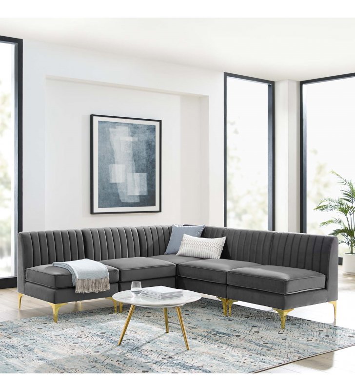 Triumph Channel Tufted Performance Velvet 5-Piece Sectional Sofa in Gray - Lexmod