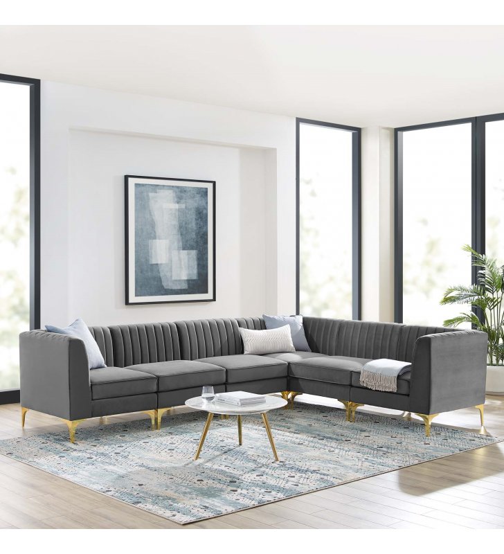 Triumph Channel Tufted Performance Velvet 6-Piece Sectional Sofa in Gray - Lexmod