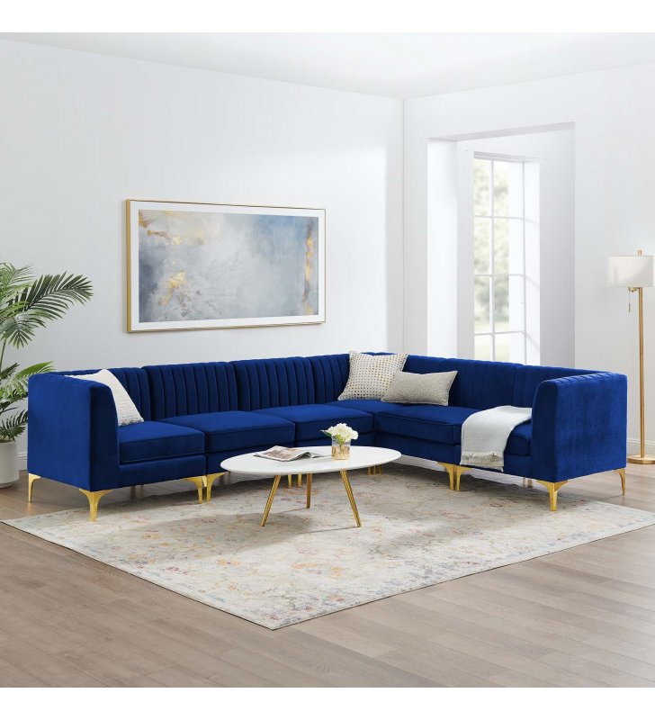 Triumph Channel Tufted Performance Velvet 6-Piece Sectional Sofa in Navy - Lexmod