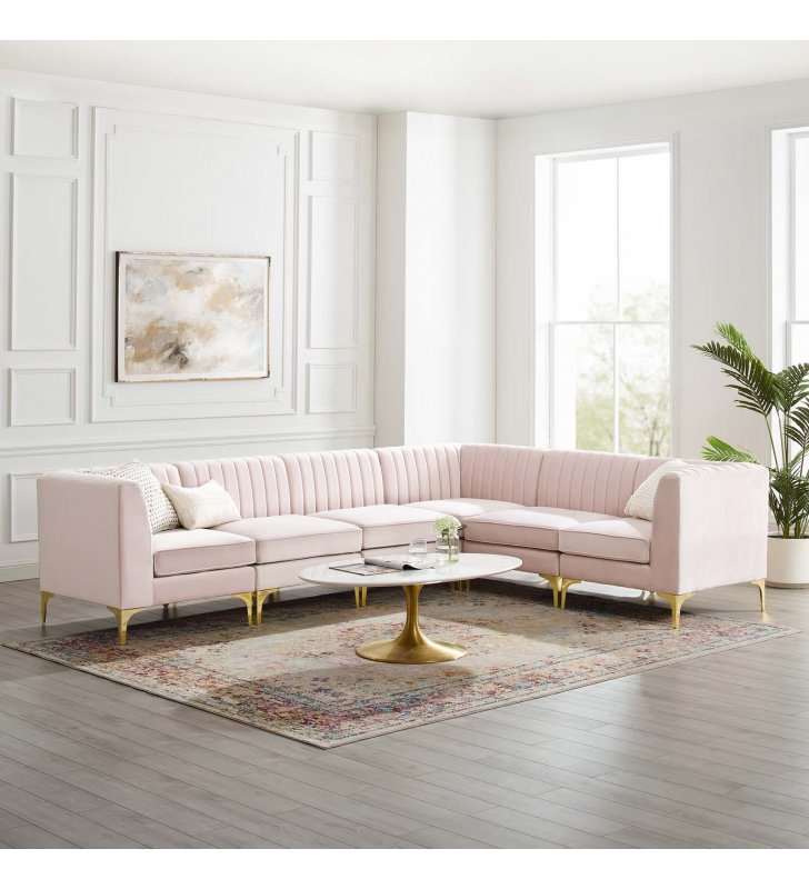 Triumph Channel Tufted Performance Velvet 6-Piece Sectional Sofa in Pink - Lexmod