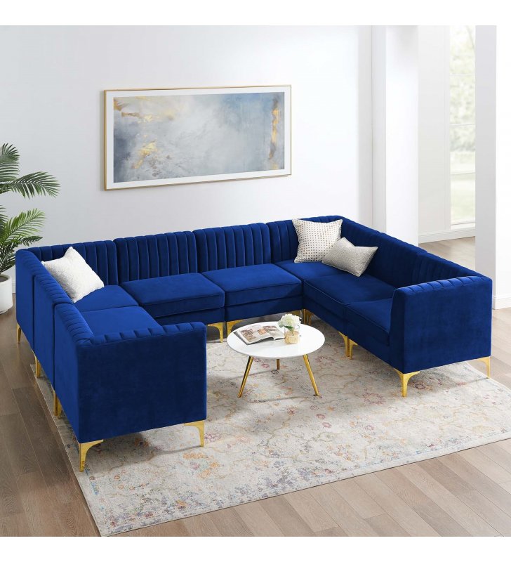 Triumph Channel Tufted Performance Velvet 8-Piece Sectional Sofa in Navy - Lexmod