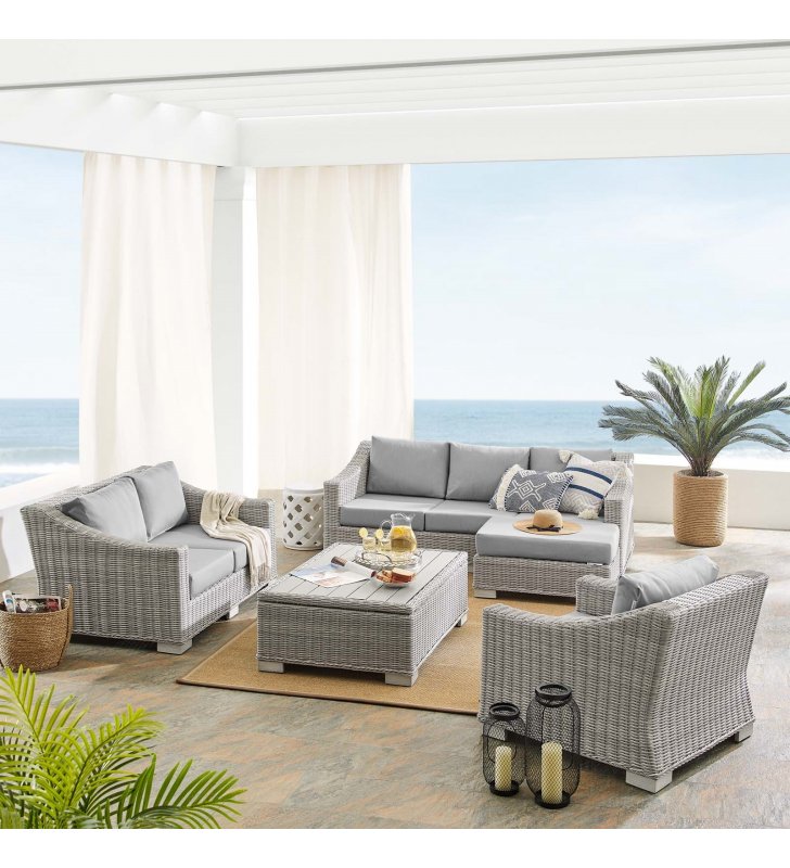 Conway Sunbrella¬Æ Outdoor Patio Wicker Rattan 5-Piece Furniture Set in Light Gray Gray - Lexmod