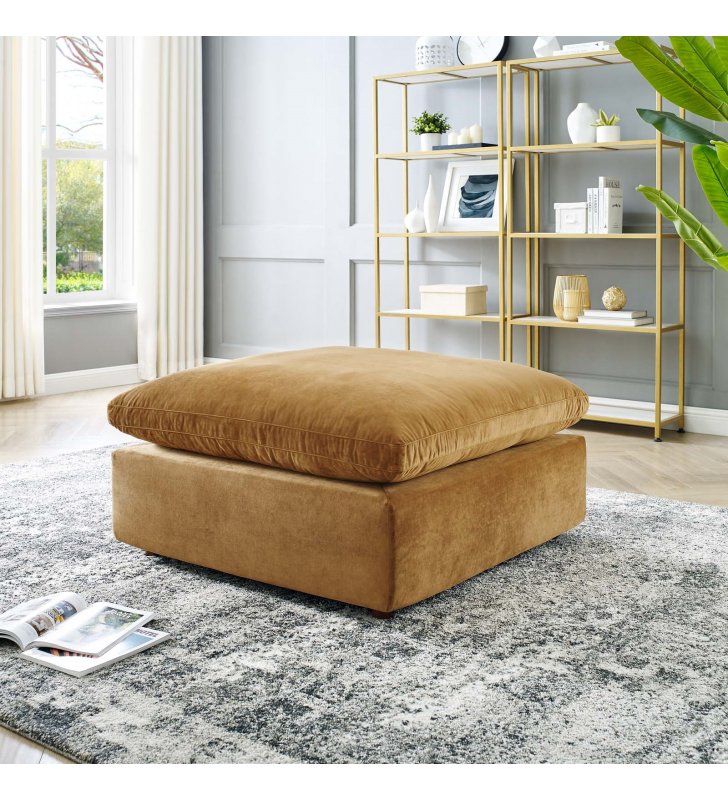 Commix Down Filled Overstuffed Performance Velvet Ottoman in Cognac - Lexmod