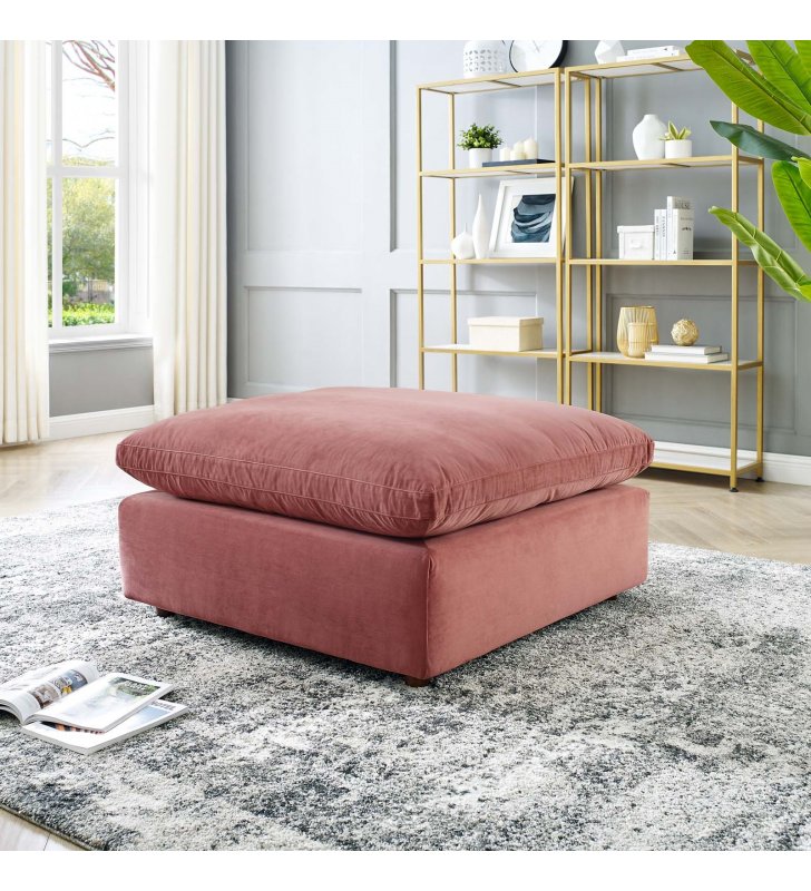Commix Down Filled Overstuffed Performance Velvet Ottoman in Dusty Rose - Lexmod