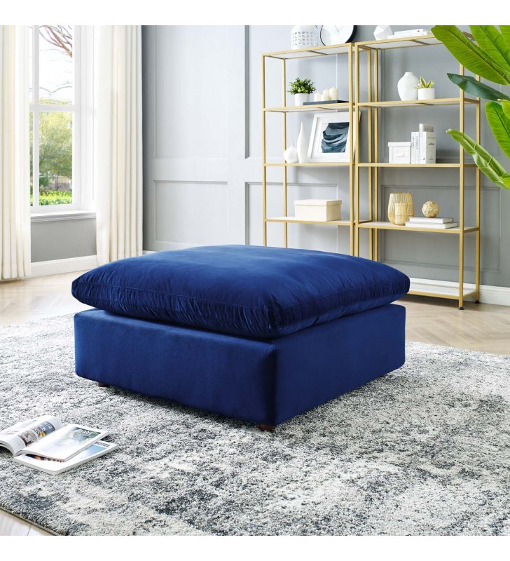 Commix Down Filled Overstuffed Performance Velvet Ottoman in Navy - Lexmod