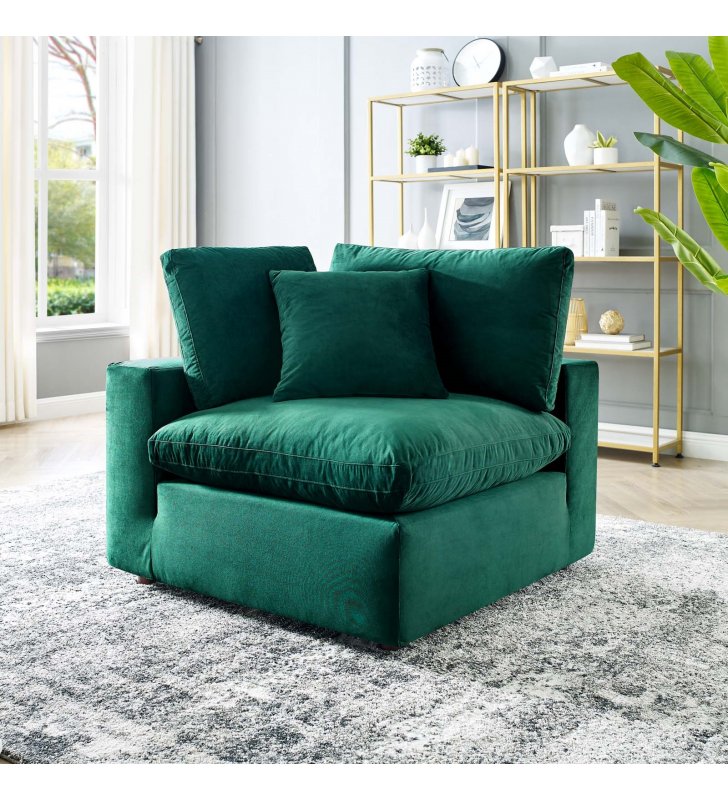 Commix Down Filled Overstuffed Performance Velvet Corner Chair in Green - Lexmod