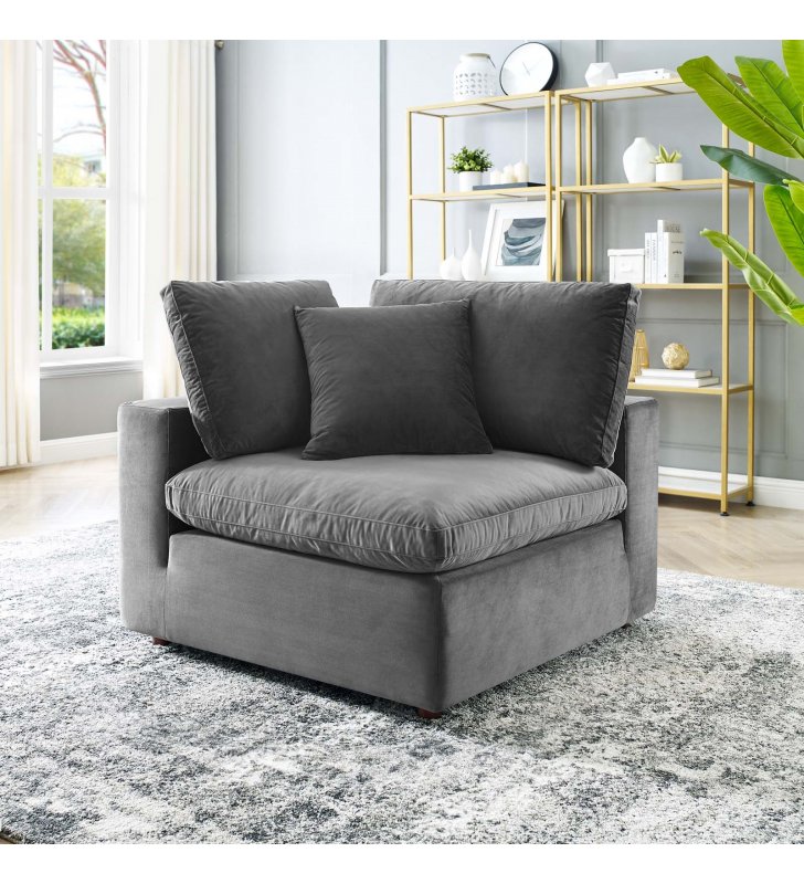 Commix Down Filled Overstuffed Performance Velvet Corner Chair in Gray - Lexmod