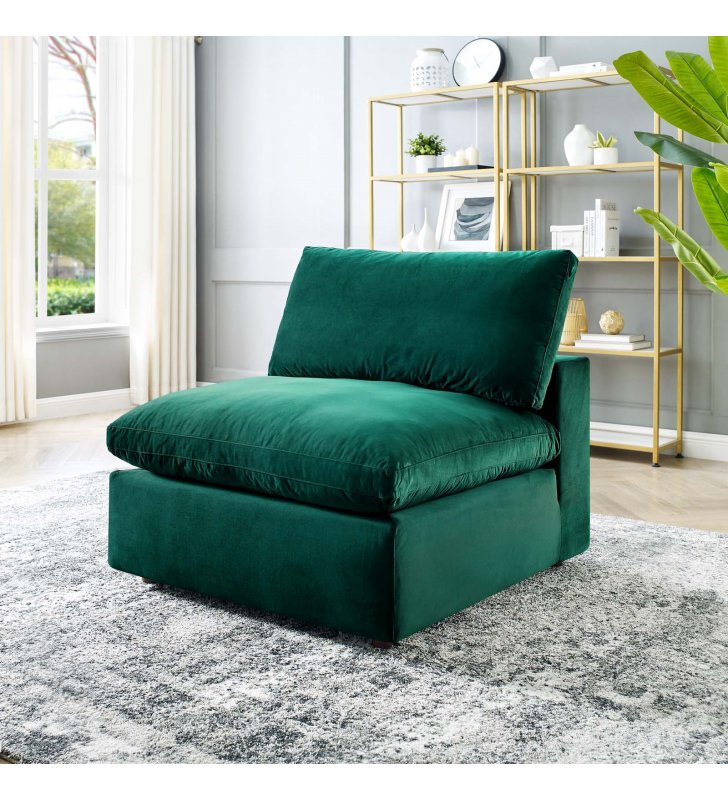 Commix Down Filled Overstuffed Performance Velvet Armless Chair in Green - Lexmod
