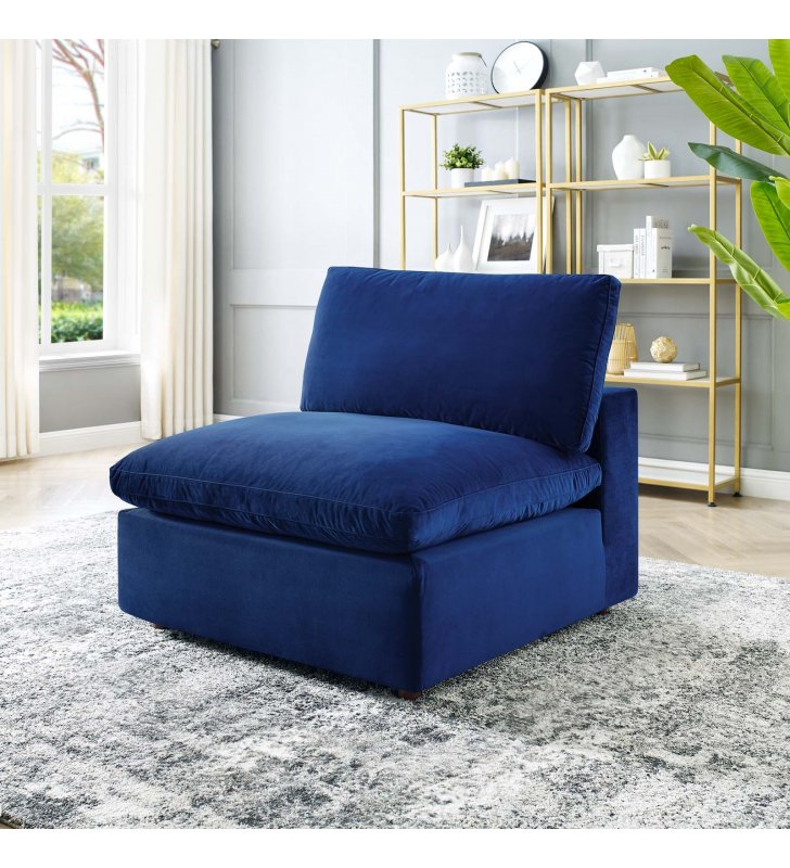 Commix Down Filled Overstuffed Performance Velvet Armless Chair in Navy - Lexmod