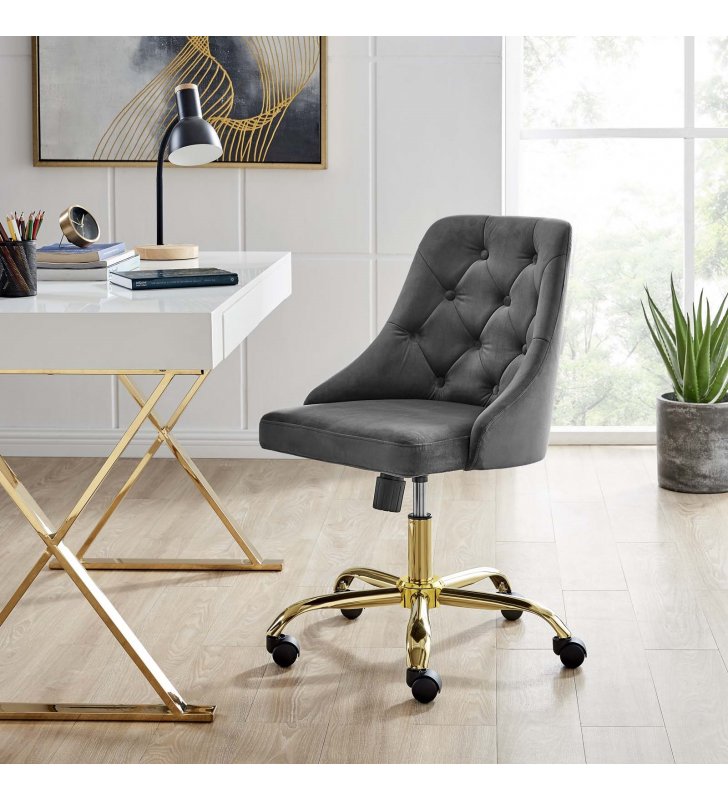 Distinct Tufted Swivel Performance Velvet Office Chair in Gold Gray - Lexmod