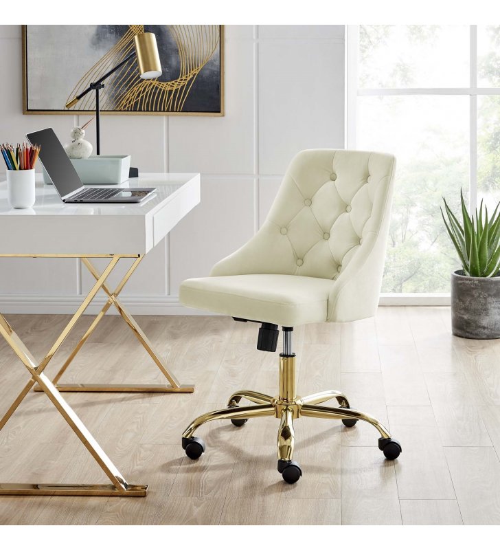Distinct Tufted Swivel Performance Velvet Office Chair in Gold Ivory - Lexmod