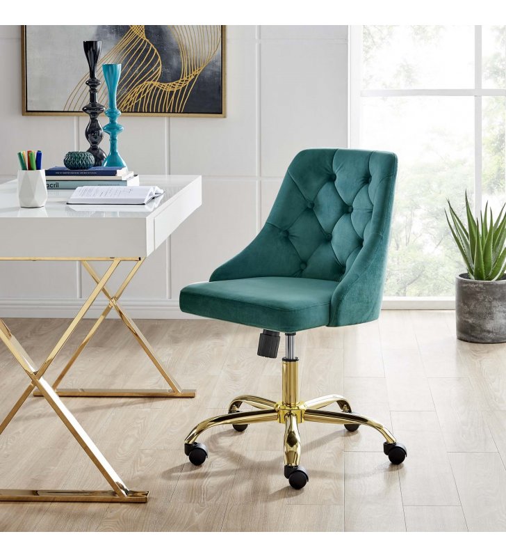Distinct Tufted Swivel Performance Velvet Office Chair in Gold Teal - Lexmod