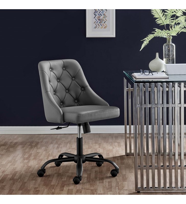 Distinct Tufted Swivel Vegan Leather Office Chair in Black Gray - Lexmod