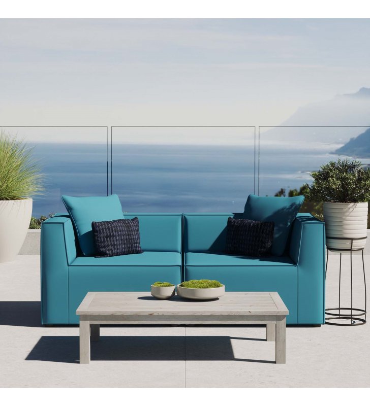Saybrook Outdoor Patio Upholstered 2-Piece Sectional Sofa Loveseat in Turquoise - Lexmod