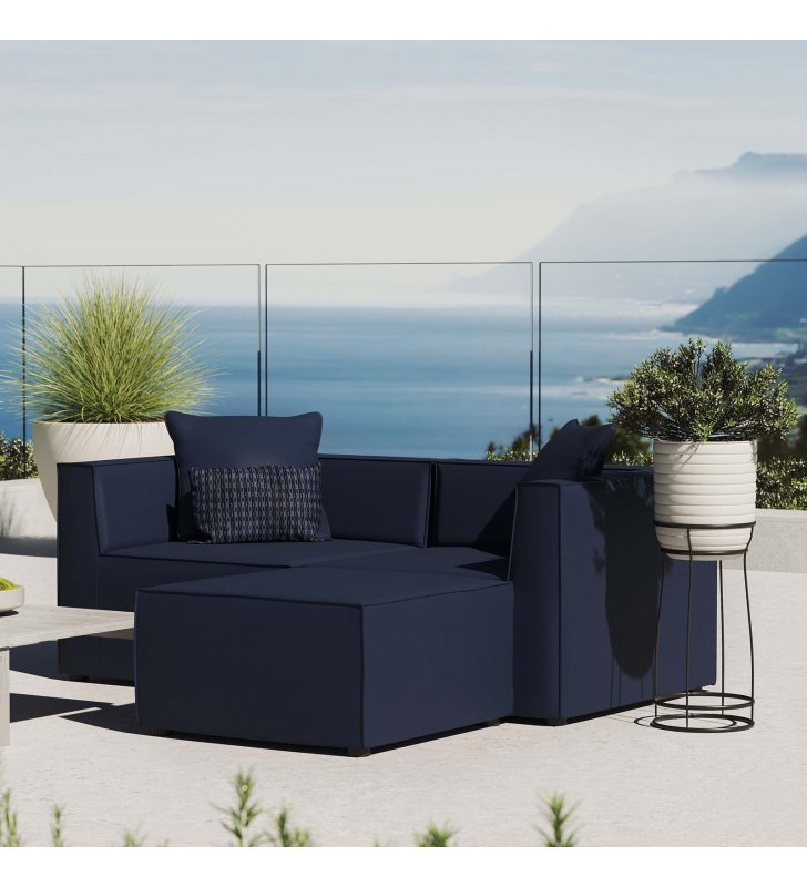 Saybrook Outdoor Patio Upholstered Loveseat and Ottoman Set in Navy - Lexmod