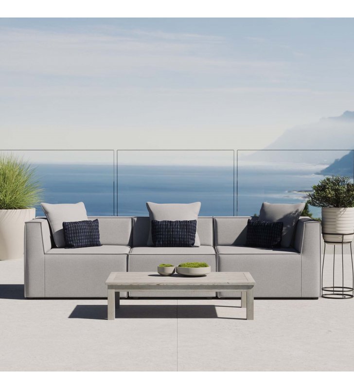 Saybrook Outdoor Patio Upholstered 3-Piece Sectional Sofa in Gray - Lexmod