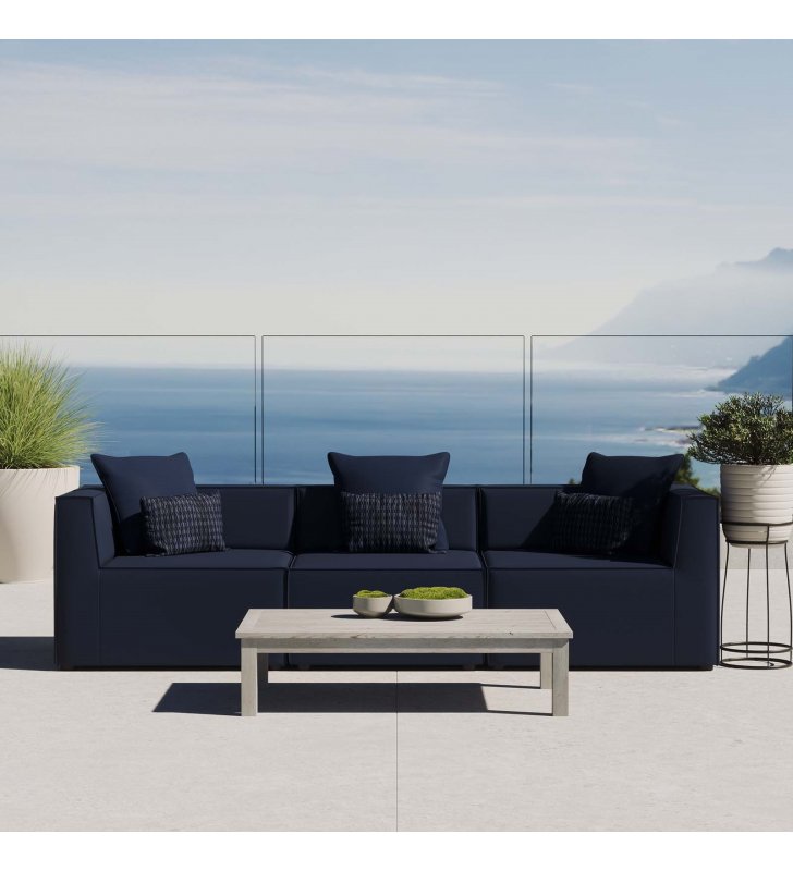 Saybrook Outdoor Patio Upholstered 3-Piece Sectional Sofa in Navy - Lexmod
