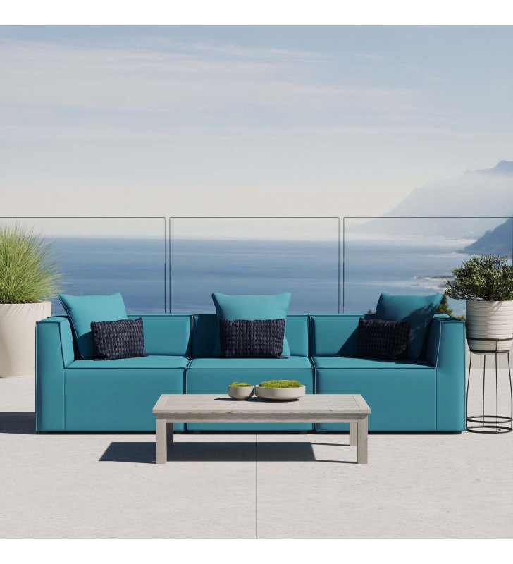 Saybrook Outdoor Patio Upholstered 3-Piece Sectional Sofa in Turquoise - Lexmod