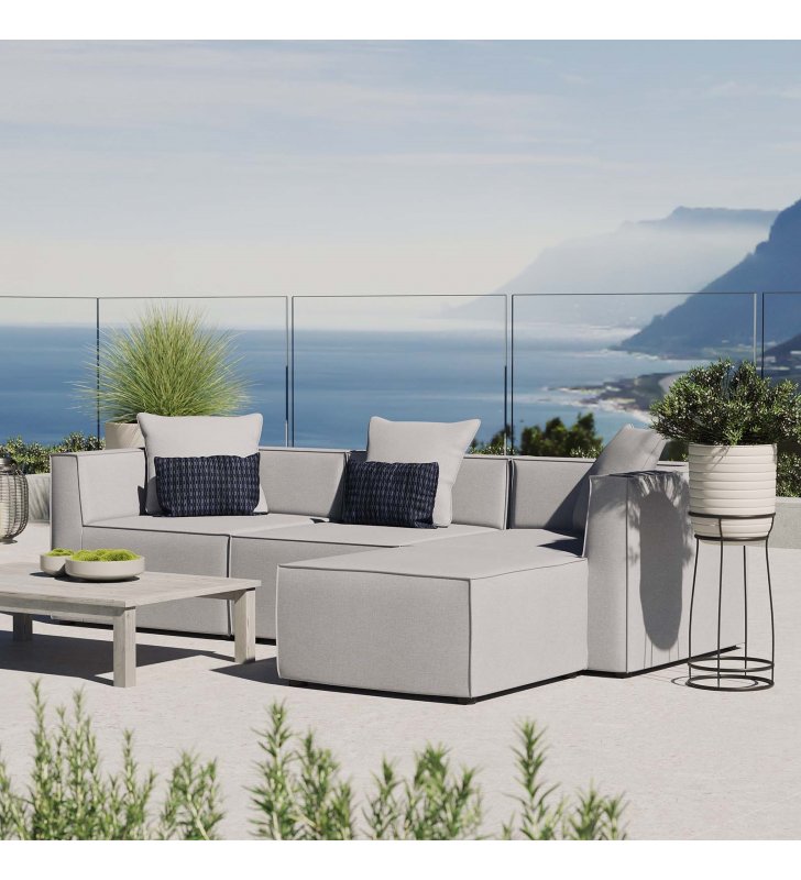 Saybrook Outdoor Patio Upholstered 4-Piece Sectional Sofa in Gray - Lexmod
