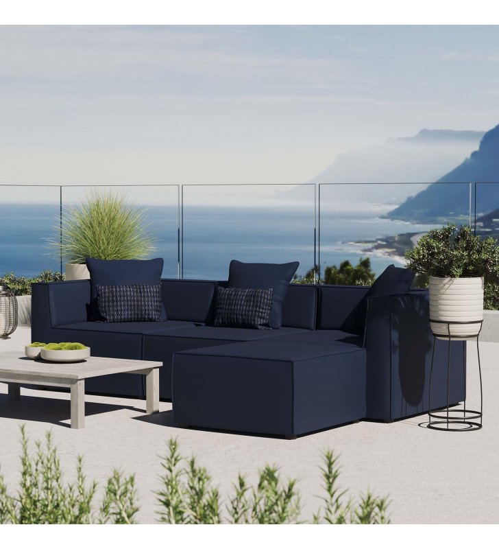 Saybrook Outdoor Patio Upholstered 4-Piece Sectional Sofa in Navy - Lexmod