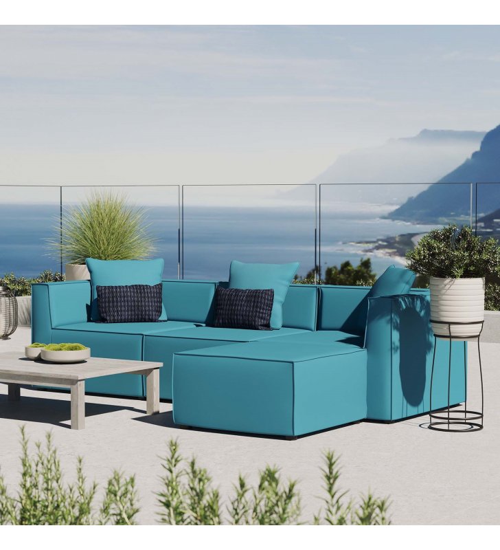 Saybrook Outdoor Patio Upholstered 4-Piece Sectional Sofa in Turquoise - Lexmod