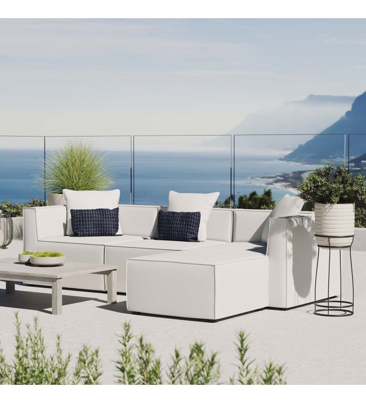 Saybrook Outdoor Patio Upholstered 4-Piece Sectional Sofa in White - Lexmod