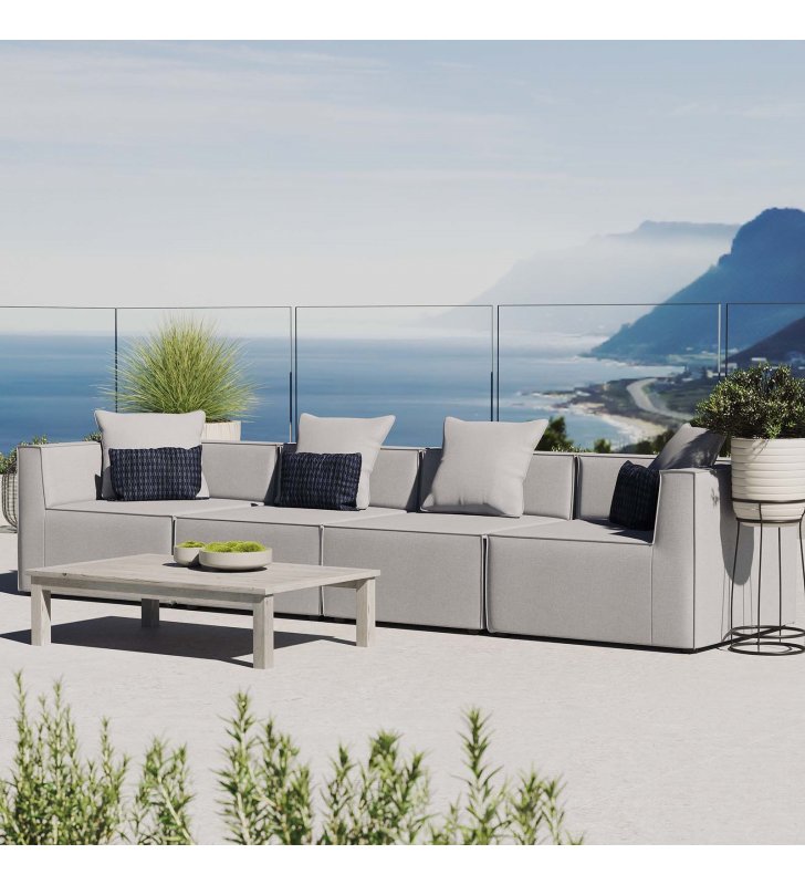 Saybrook Outdoor Patio Upholstered 4-Piece Sectional Sofa in Gray - Lexmod