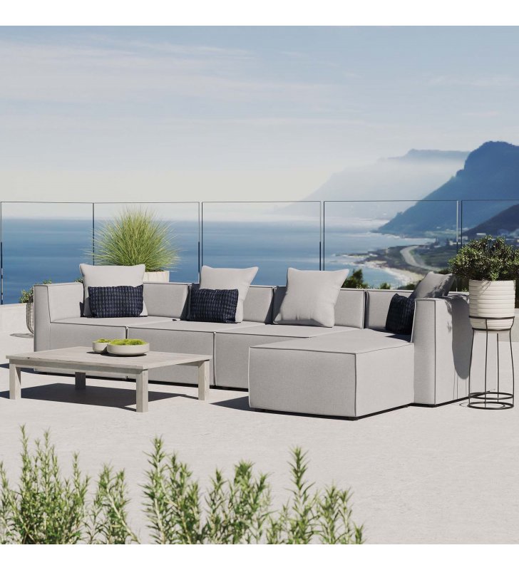 Saybrook Outdoor Patio Upholstered 5-Piece Sectional Sofa in Gray - Lexmod