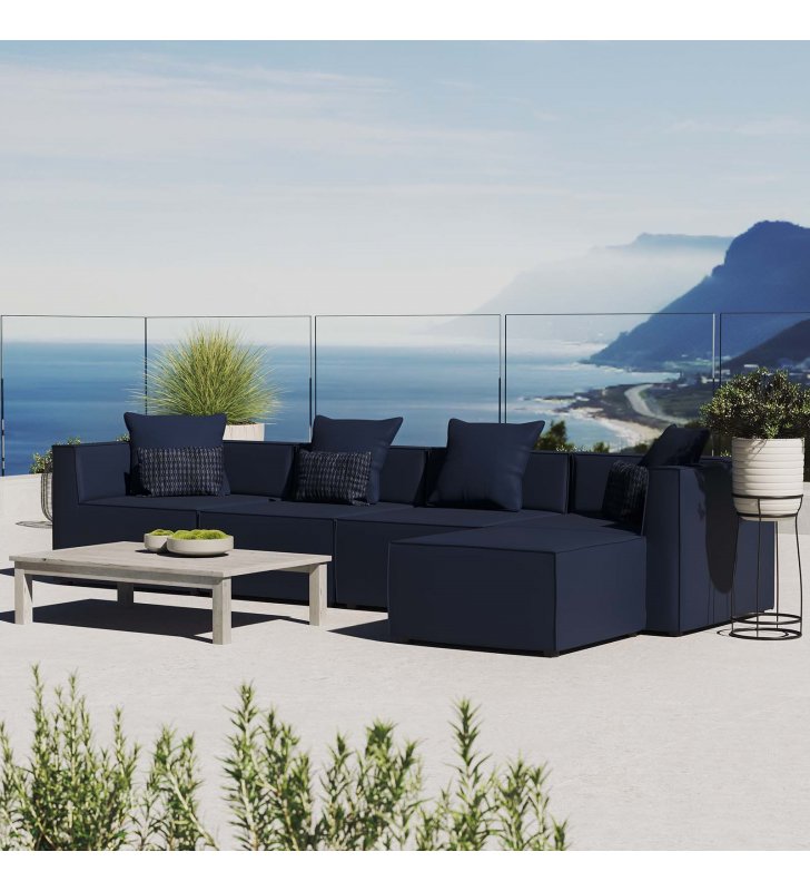 Saybrook Outdoor Patio Upholstered 5-Piece Sectional Sofa in Navy - Lexmod